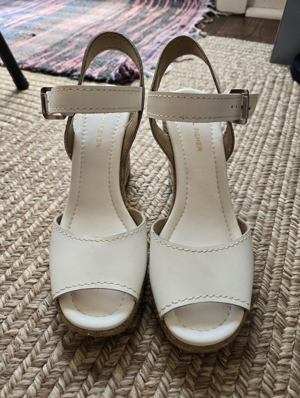 Marc Fisher White Ankle-Strap Wedge Sandals